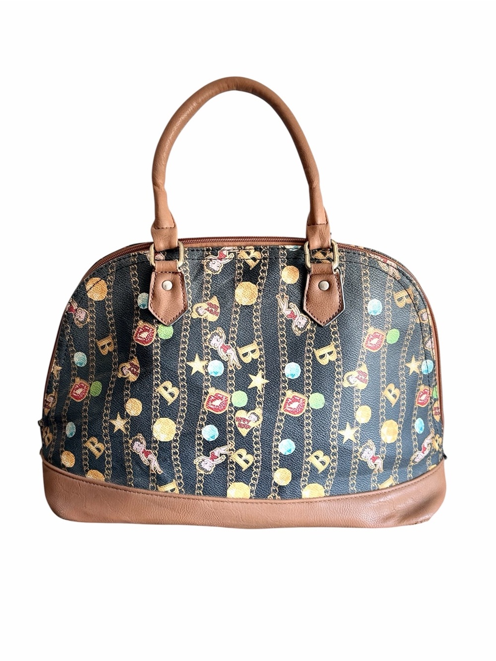 Betseyville by Betsey Johnson Novelty Print Dome Satchel Handbag Brown Pink